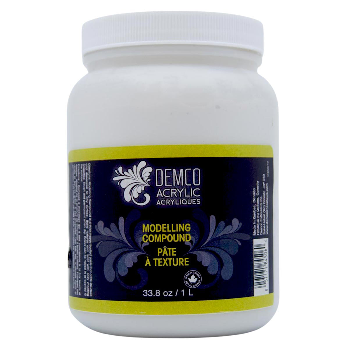 A white plastic jar of Demco Acrylics Modelling Compound, featuring a dark navy blue label with yellow and white text and graphics.