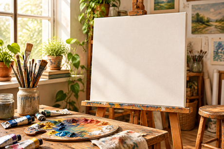 Blank stretched canvas on an easel in an art studio, ready for painting
