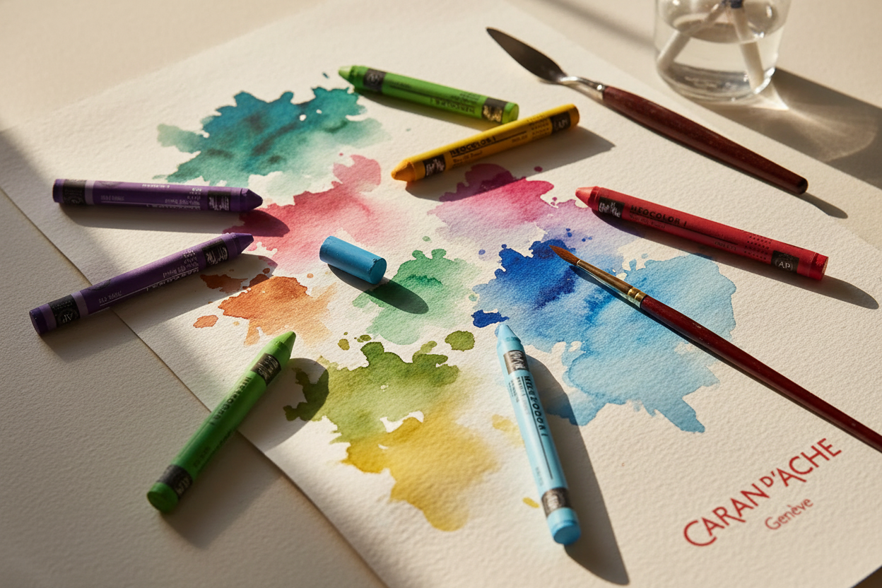 Caran d'Ache Neocolor I and Neocolor II wax pastel crayons together — lifestyle product image
