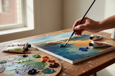 Artist painting on canvas using Gamblin 1980 Oil Colors — professional oil paint tubes made with pure pigments, linseed oil, and marble dust