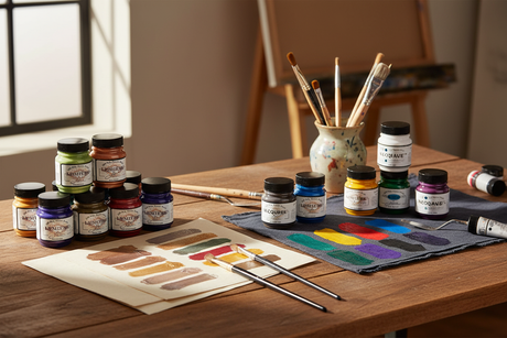 Jacquard Lumière metallic and Neopaque opaque acrylic paints side by side on an artist’s table with paint swatches