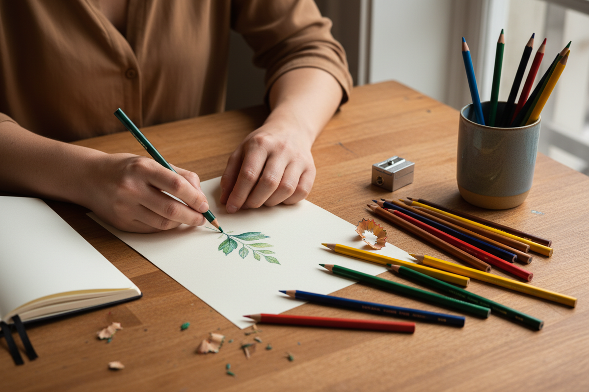Faber-Castell Polychromos 20-colour pencil set on an artist’s desk beside a botanical drawing