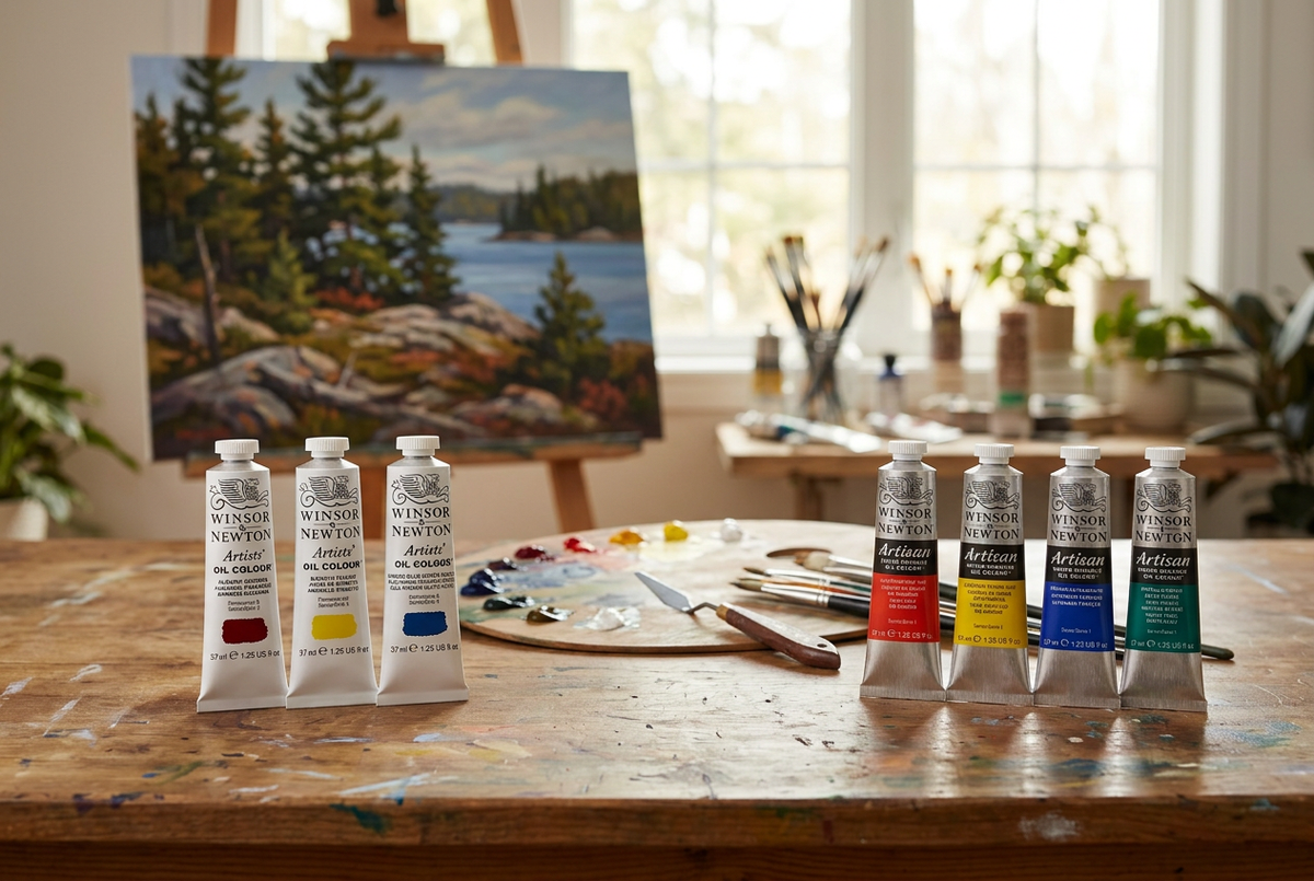 Winsor & Newton Artists’ and Artisan oil paint tubes on an artist’s worktable with a palette, brushes and a landscape painting.
