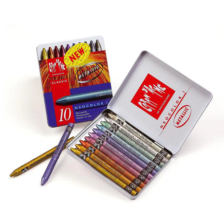 Caran Dache Classic Neocolor I 10 Colour Metallic Pastel Metal Box