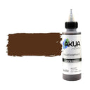 A bottle of Akua liquid pigment in the shade 'burnt umber' next to a textured brown paint swatch on a white background.