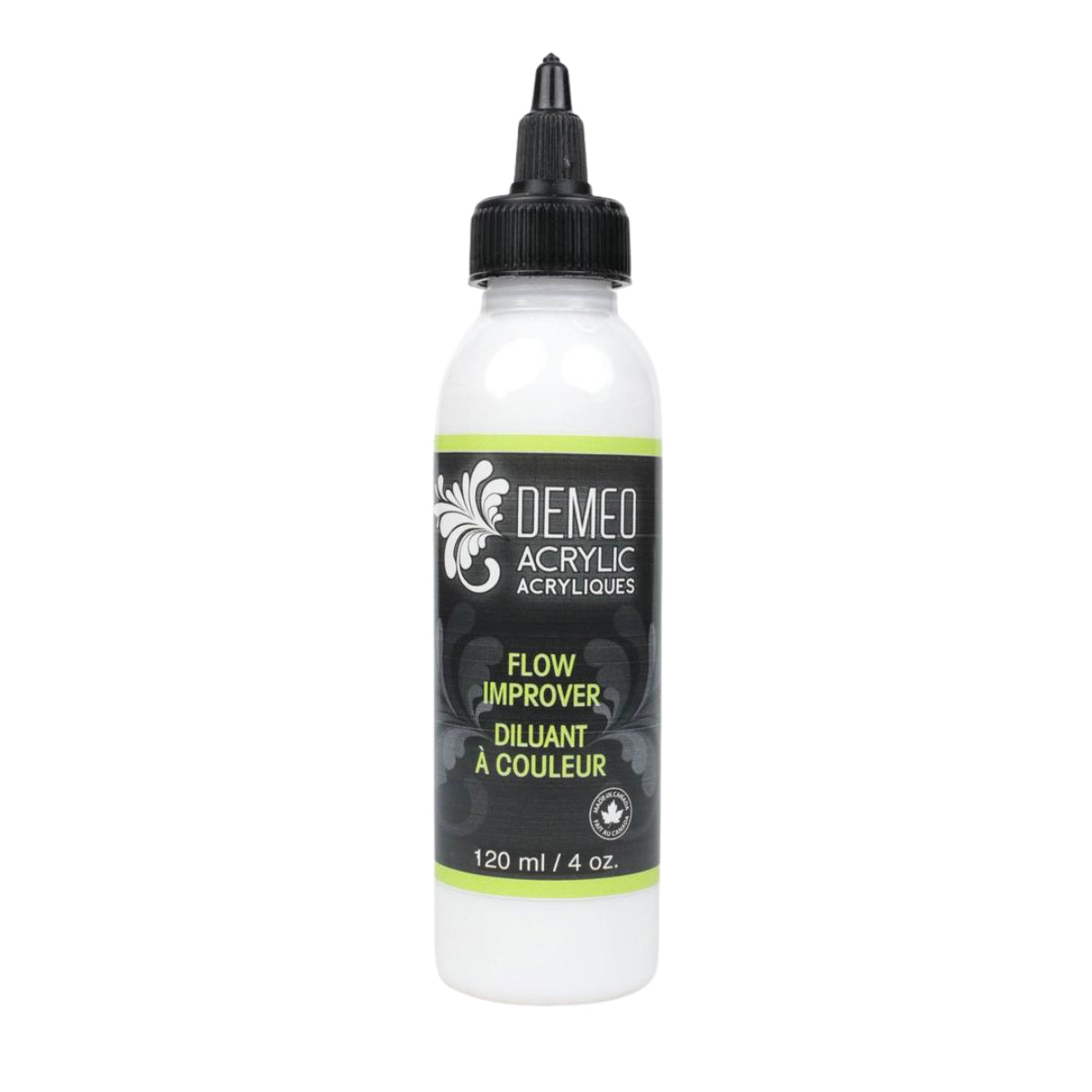 A bottle of Demeo Acrylic Flow Improver in white with a black cap and a black label featuring lime green accents.