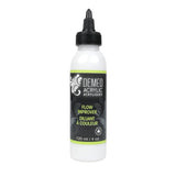 A bottle of Demeo Acrylic Flow Improver in white with a black cap and a black label featuring lime green accents.