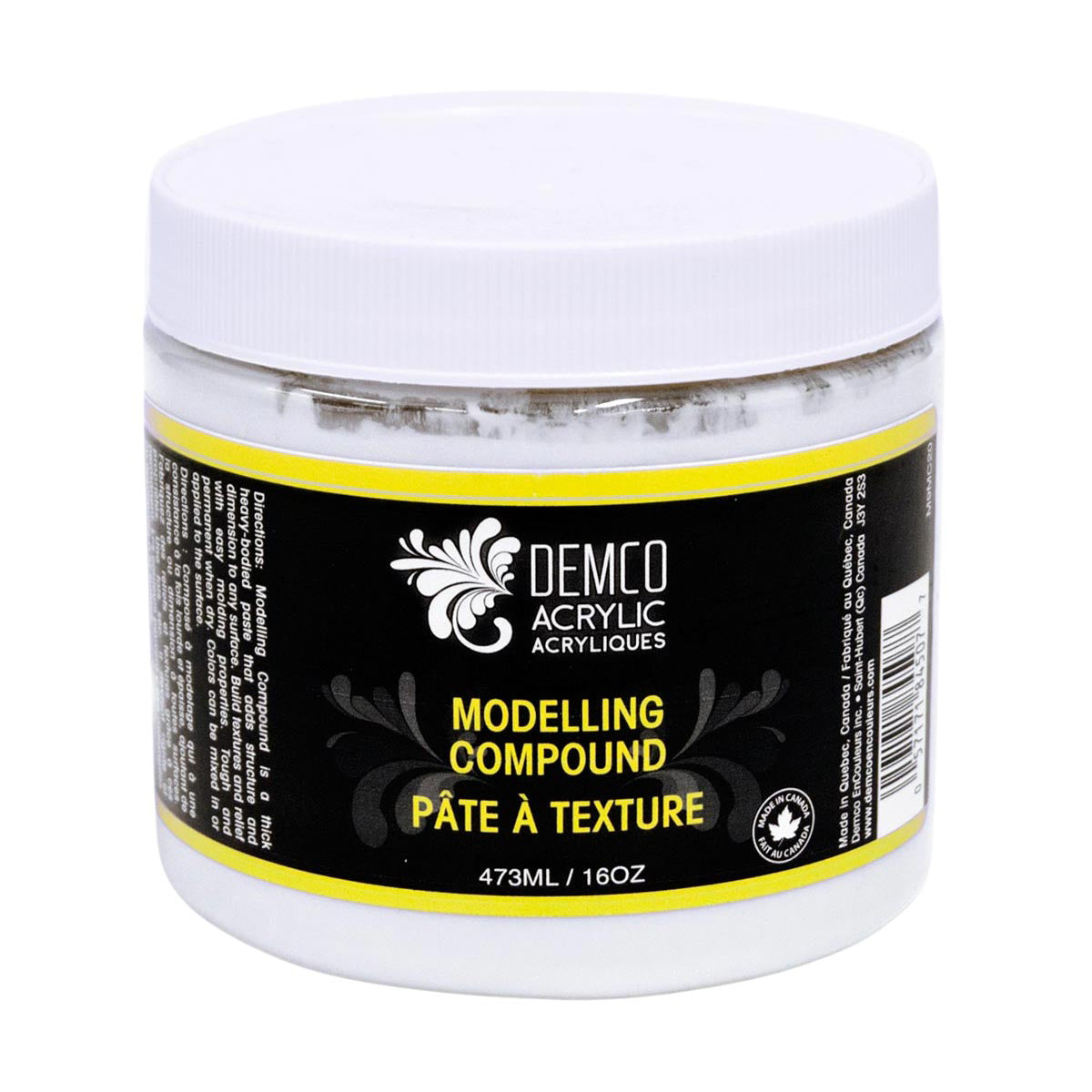 A white plastic jar of Demco Acrylics Modelling Compound with a black and yellow label, shown on a plain white background.