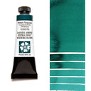 Daniel Smith watercolor paint tube with a phthalo turquoise color swatches on a white background