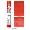 Tube of Pyrrol Red paint with color swatches on a white background