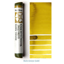 Daniel Smith Rich Green watercolor stick with a Rich Green Gold color swatches on a white background