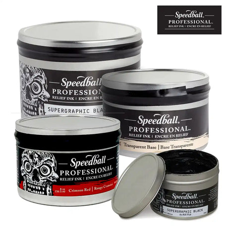 Speedball Professional Relief Inks, Supergraphic Black, Crimson Red, Transparent Base on white background.