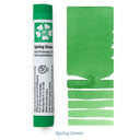 Tube of spring green paint with color swatches on a white background