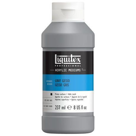 A bottle of Liquitex Professional Acrylic Mediums in Gray, with a white cap and a label featuring a black top section, a blue middle band, and a white bottom section.